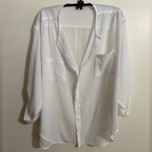5148 Semi-Sheer White Crinkled Cotton Top With Roll-Up Button Tab Sleeves Size M
